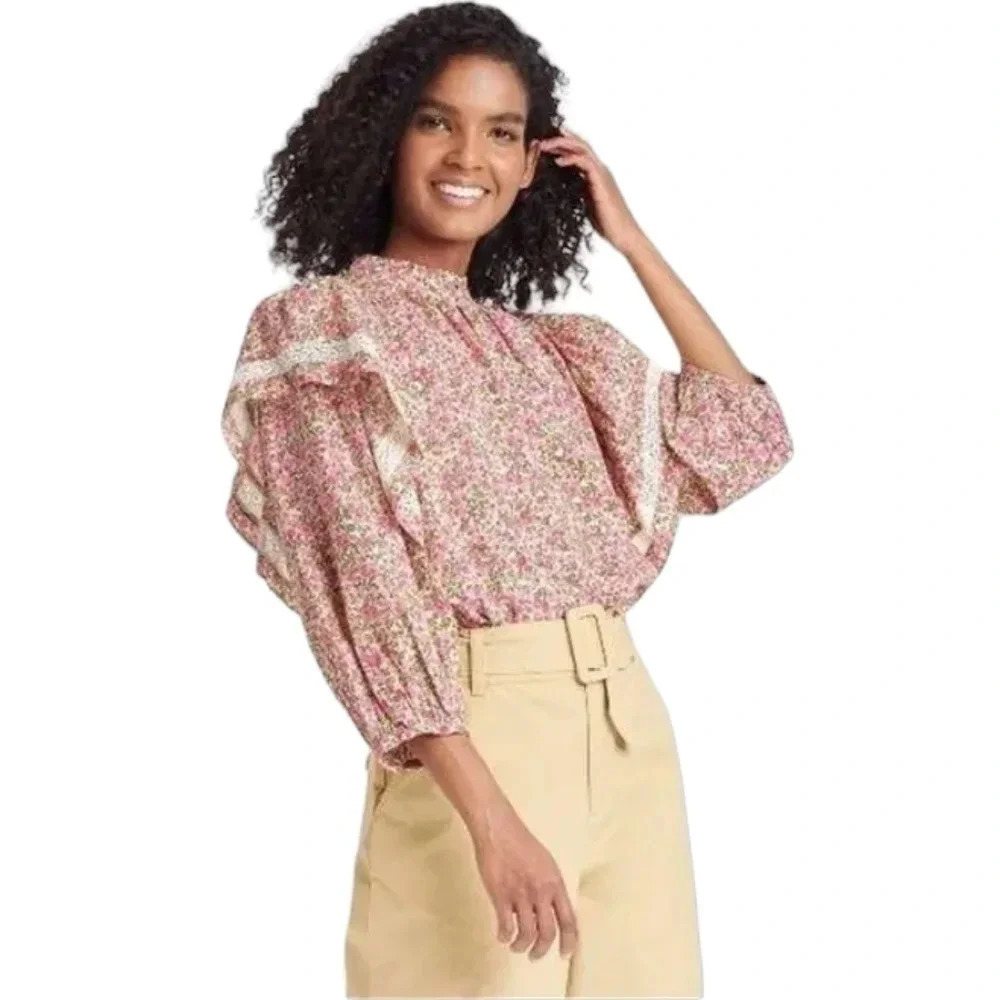 Who What Wear Floral Peasant Top Exaggerated Shoulders Button‎ Neck Size Large
